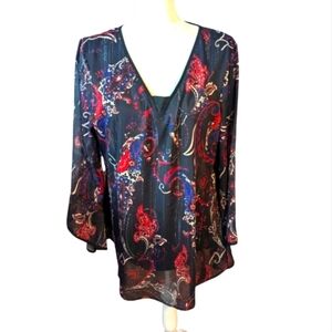 Reba Sheer flowy long bell sleeves black paisley scrolls v neck tunic Top Sz M